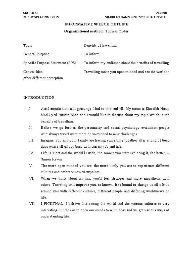 Informative Speech Outline | PDF | Self Awareness | Psychological Concepts