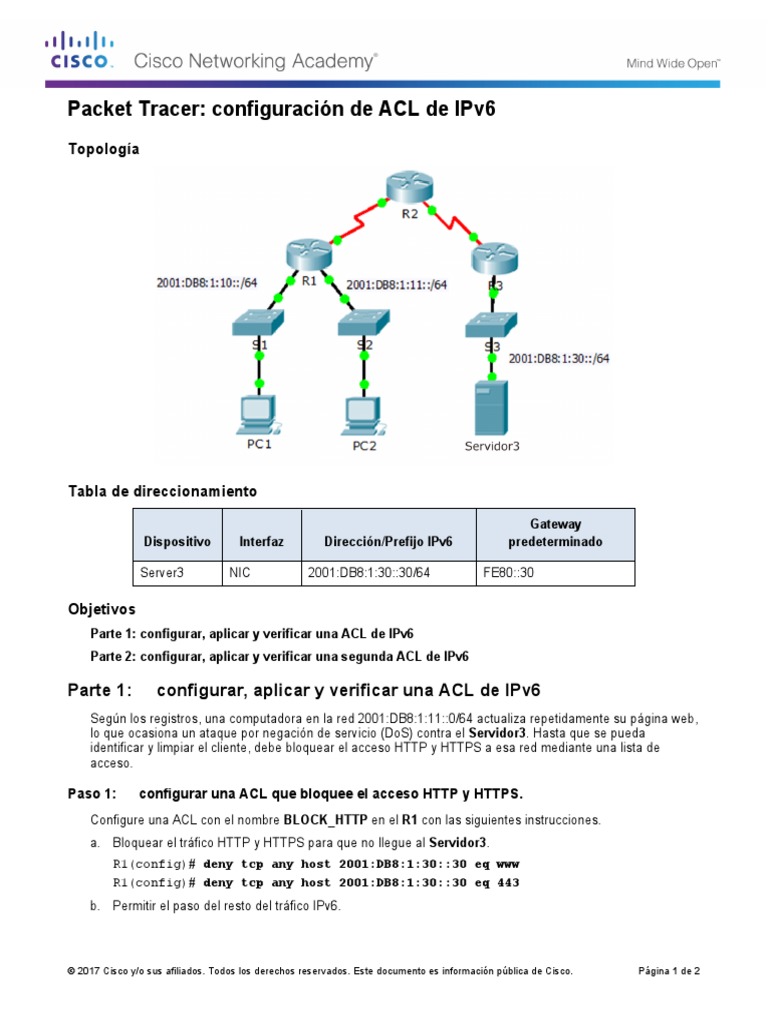 4.3.2.6 Packet Tracer - Configuring IPv6 ACLs PDF | PDF | Yo Pv6 | Red ...