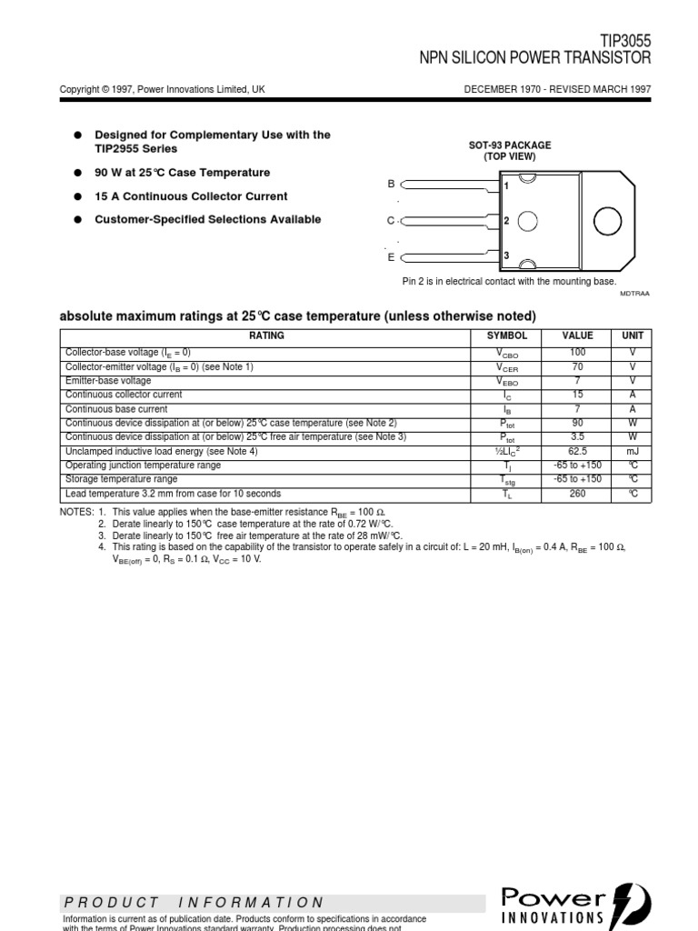 TIP3055 NPN Silicon Power Transistor PDF Bipolar Junction