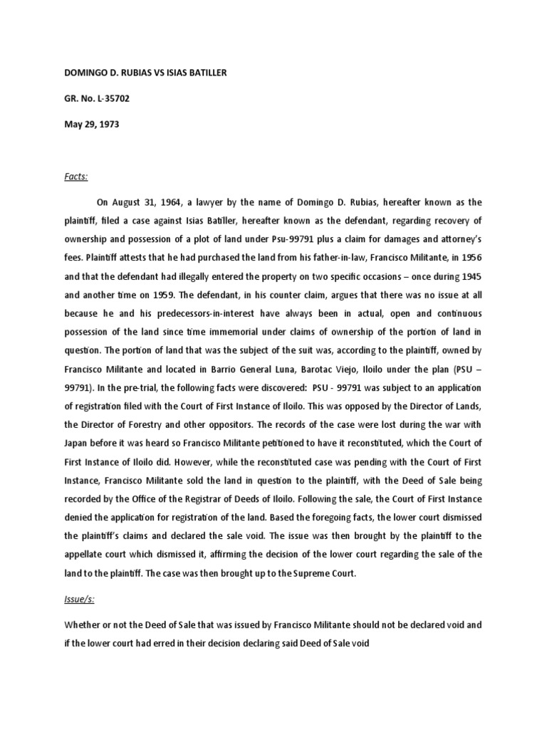 Land Ownership Dispute: Rubias vs Batiller | PDF | Mortgage Law ...