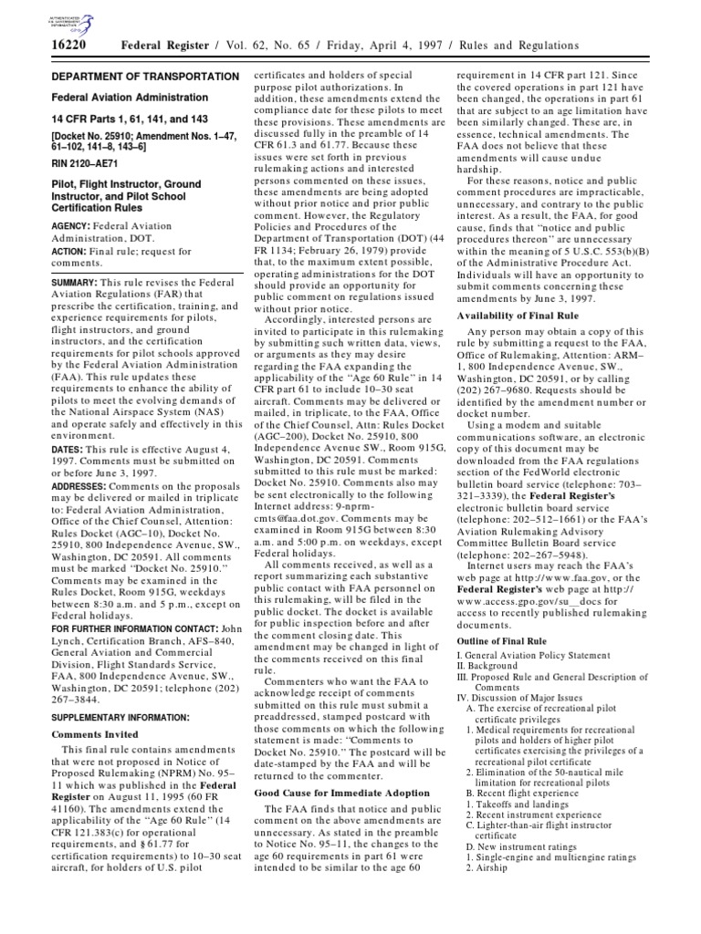 62 FR 04041997 Part 61 & 141 Massive Amendment PDF Flight