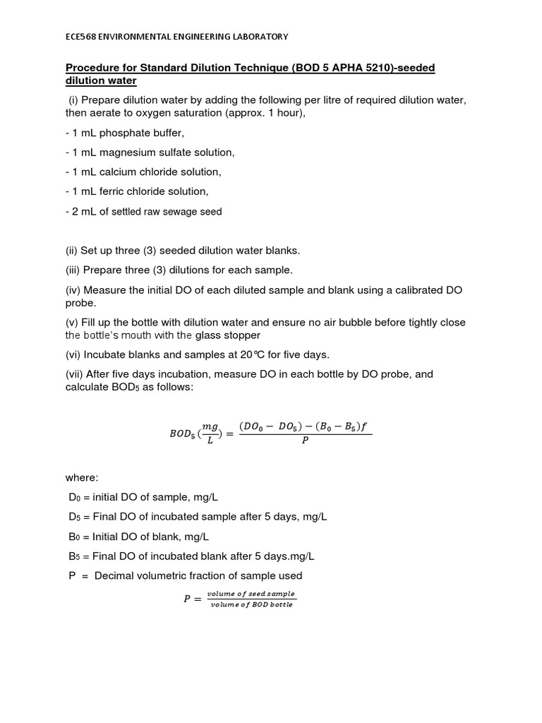 Procedure For Standard Dilution Technique (BOD 5 APHA 5210) Seeded