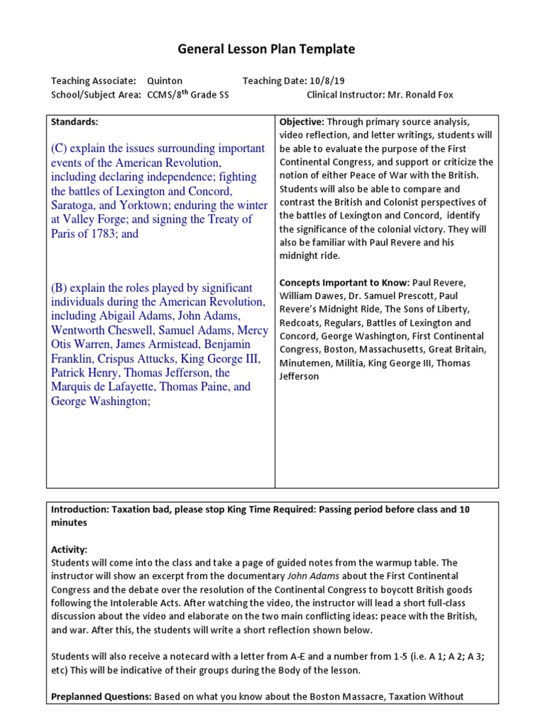 Matsuo Chun Quinton Lesson Plan 2 2 American Revolution Unrest