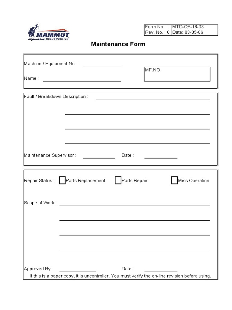 Maintenance Form for Equipment Tracking | PDF | Technology & Engineering