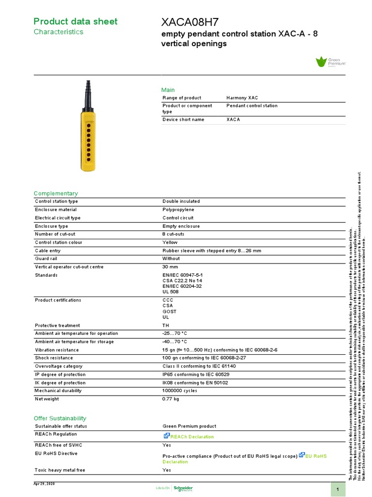 XACA08H7 Pendant Control Station Specs | PDF | Electrical Engineering ...