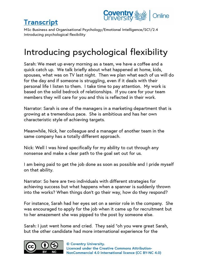 Introducing Psychological Flexibility: Transcript | PDF ...