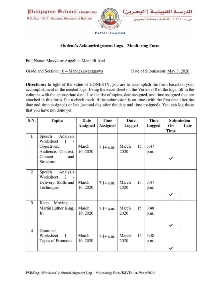 Student's Acknowledgement Logs - Monitoring Form | PDF | Academic ...