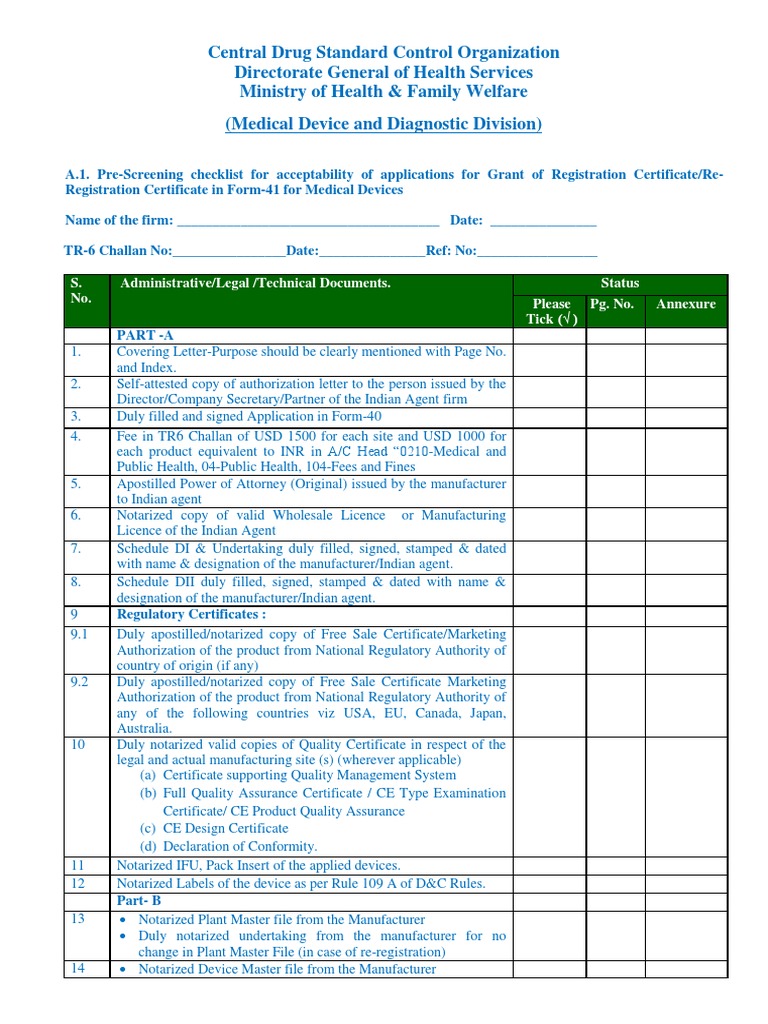 Revised Pre Screening Checklist For Medical Devices & in Vitro