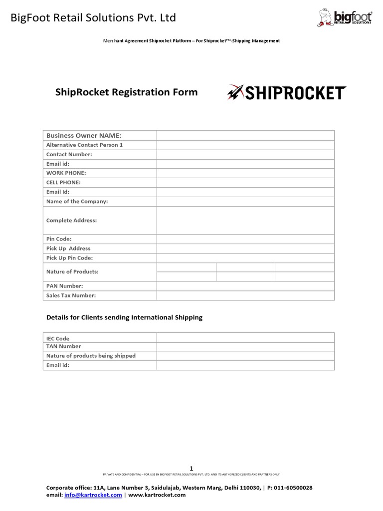 Bigfoot Retail Solutions Pvt. LTD Shiprocket Registration Form PDF