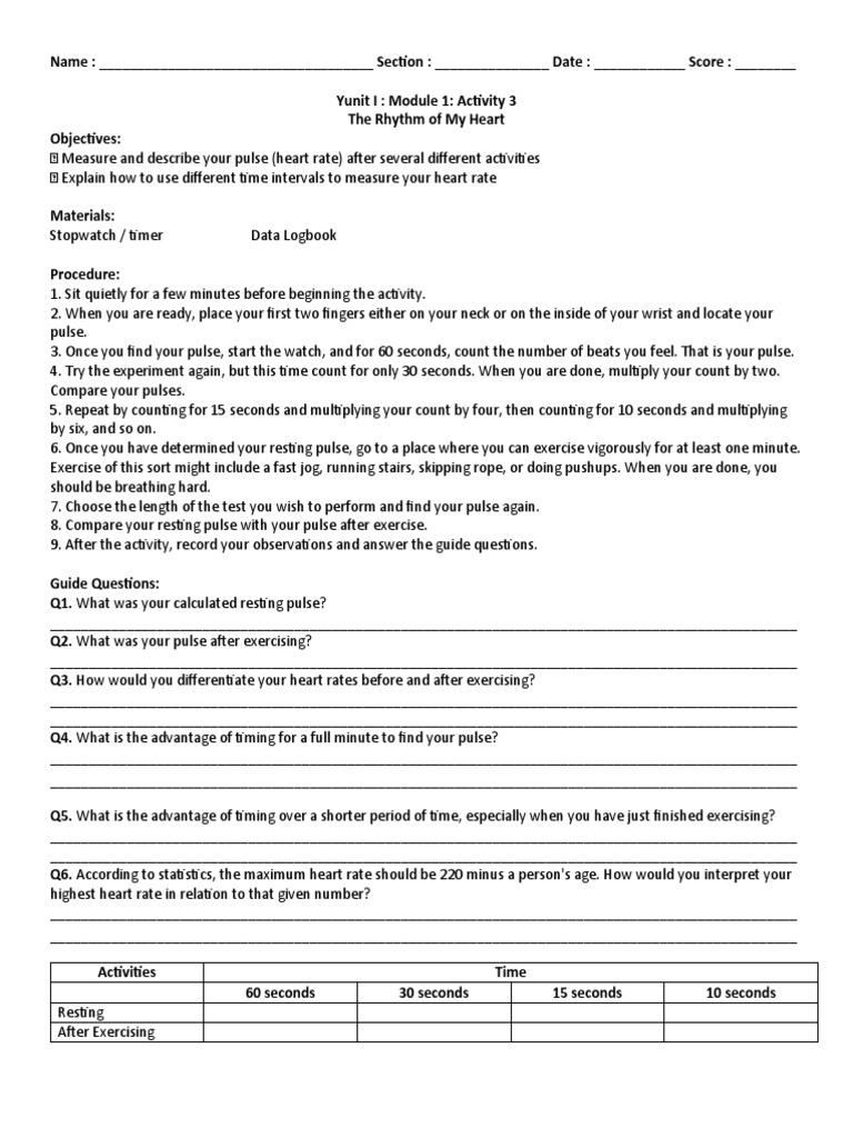 Yunit 1 Module 1 Activity 4 Rhythm of My Heart | PDF | Pulse | Heart Rate