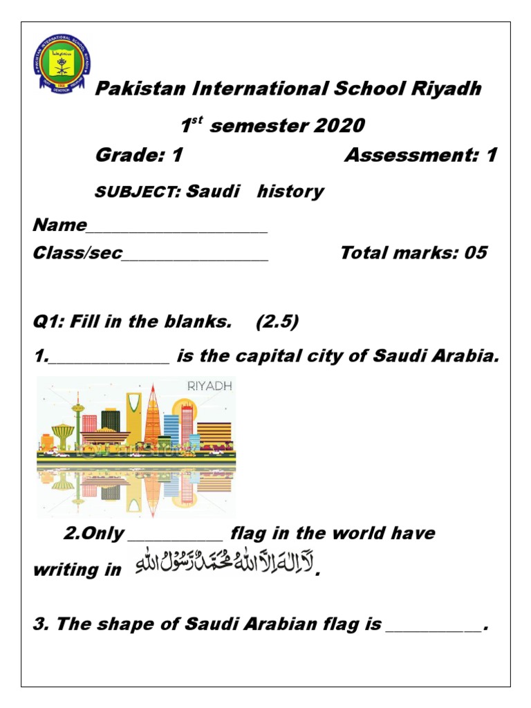 Pakistan International School Riyadh 1 Semester 2020 Grade: 1 ...