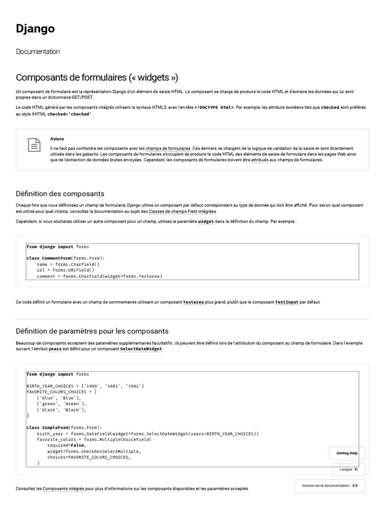 Formulaires Forms ( Widgets ) - Documentation de Django - Django PDF ...
