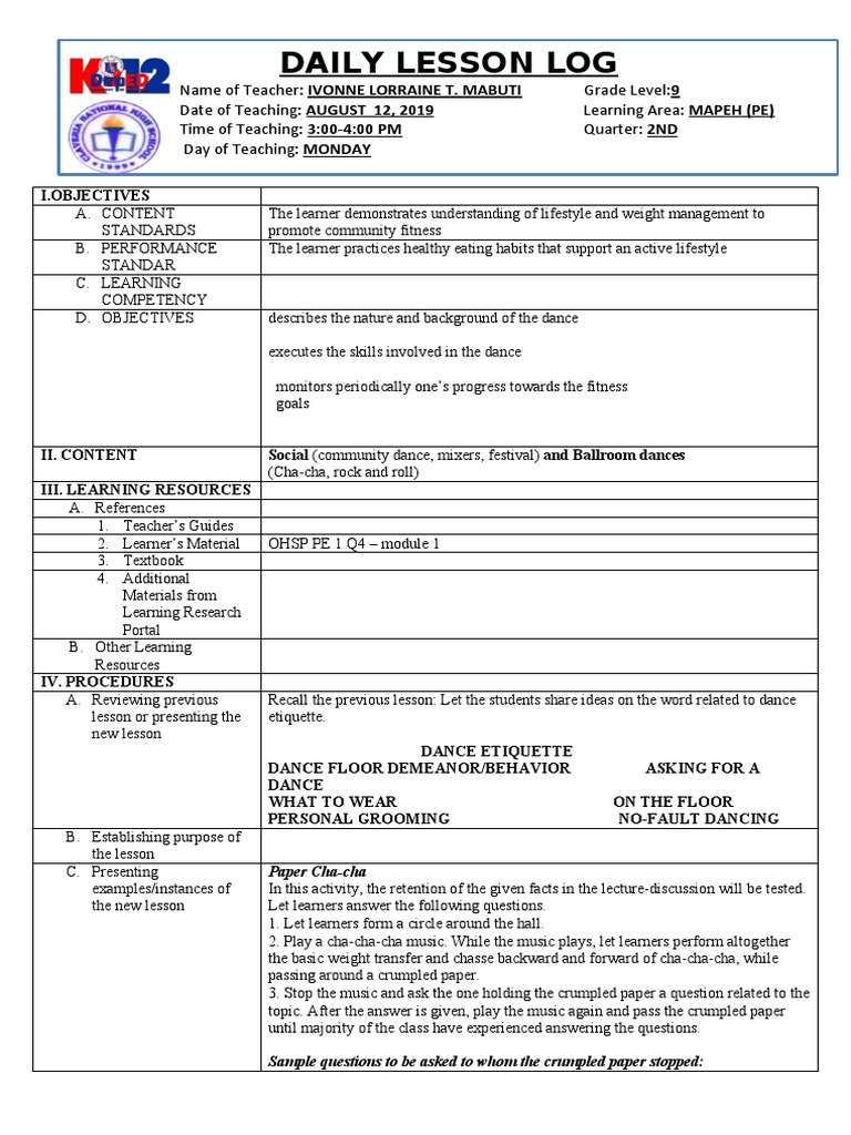 Daily Lesson Log Teaching Social Dances and Dance Mixers to Promote