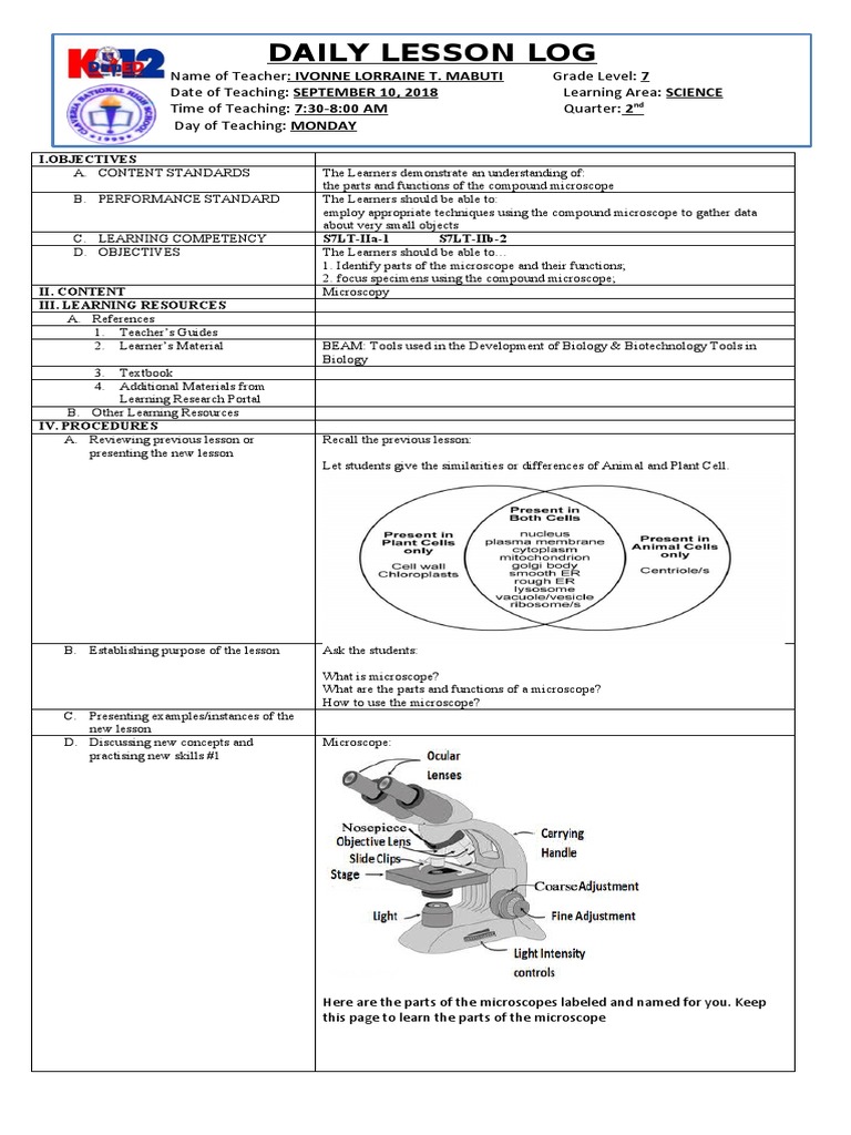 Grade 7 Microscope Lesson Plan | PDF | Microscope | Learning