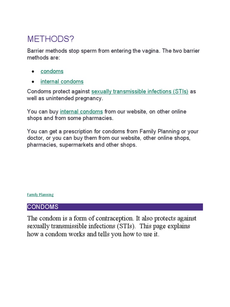 Methods?: Condoms Internal Condoms Sexually Transmissible Infections ...