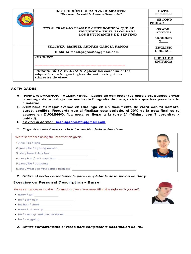 Taller para Grado 7 WORKSHOP | PDF | Idiomas