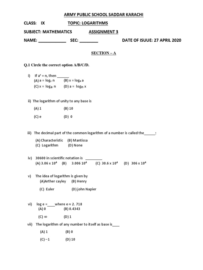 Logarithms Assignment for Class IX | PDF | Logarithm | Special Functions