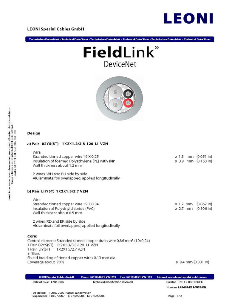 DeviceNet Cable Specification by LEONI | PDF | Wire | Electrical Conductor
