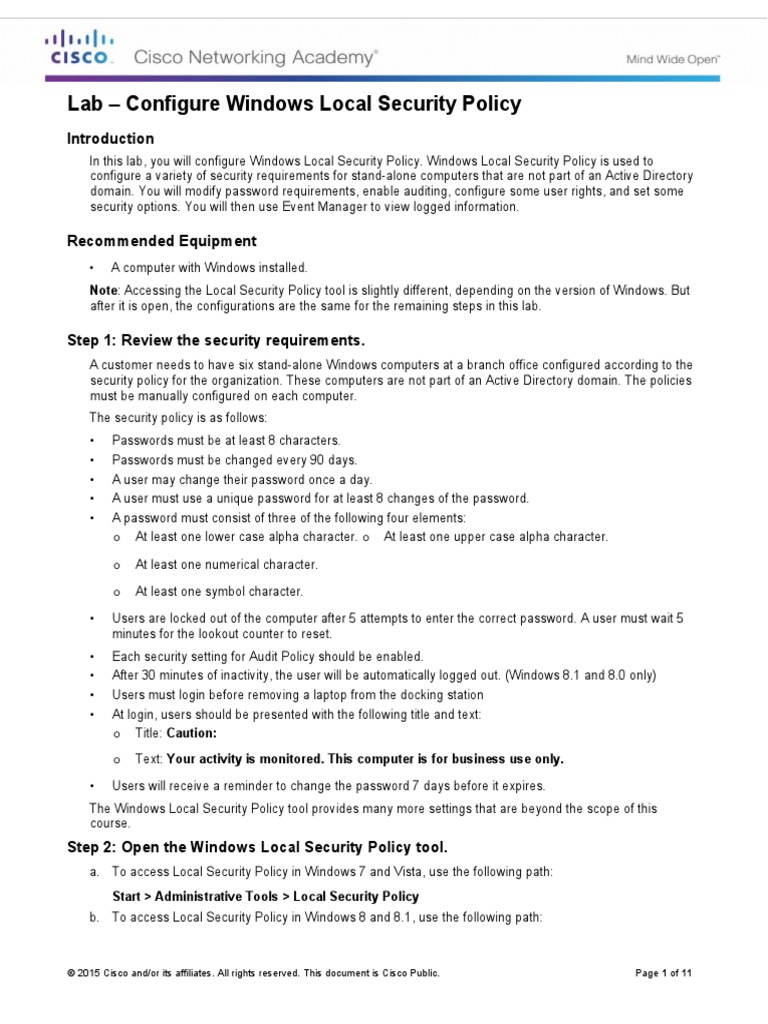 Lab - Configure Windows Local Security Policy | PDF | Password | Active ...