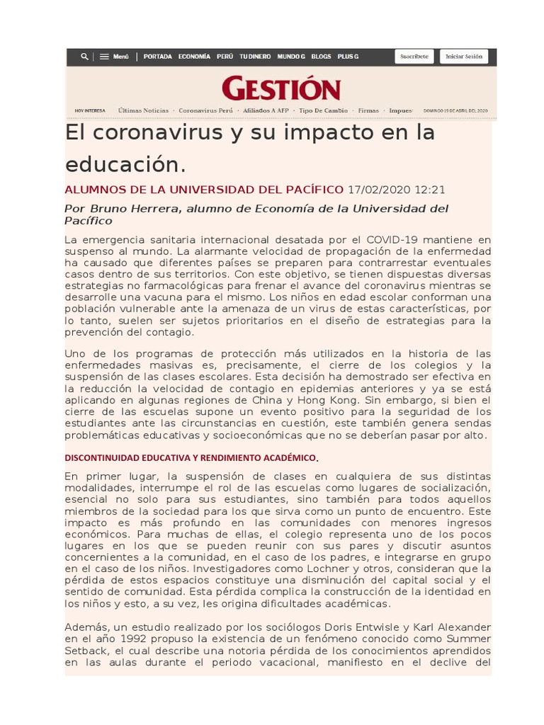 El Coronavirus y Su Impacto en La Educación | PDF | Epidemias | Influenza