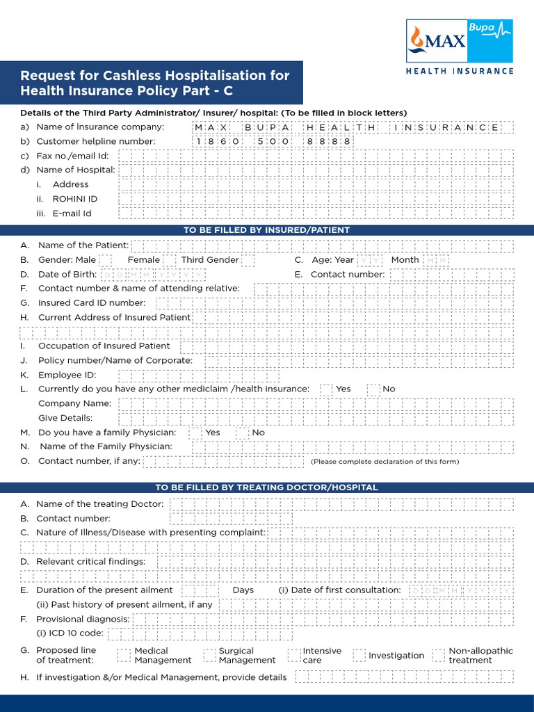 MaxBupa Pre Auth Claim Form | PDF | Insurance | Hospital