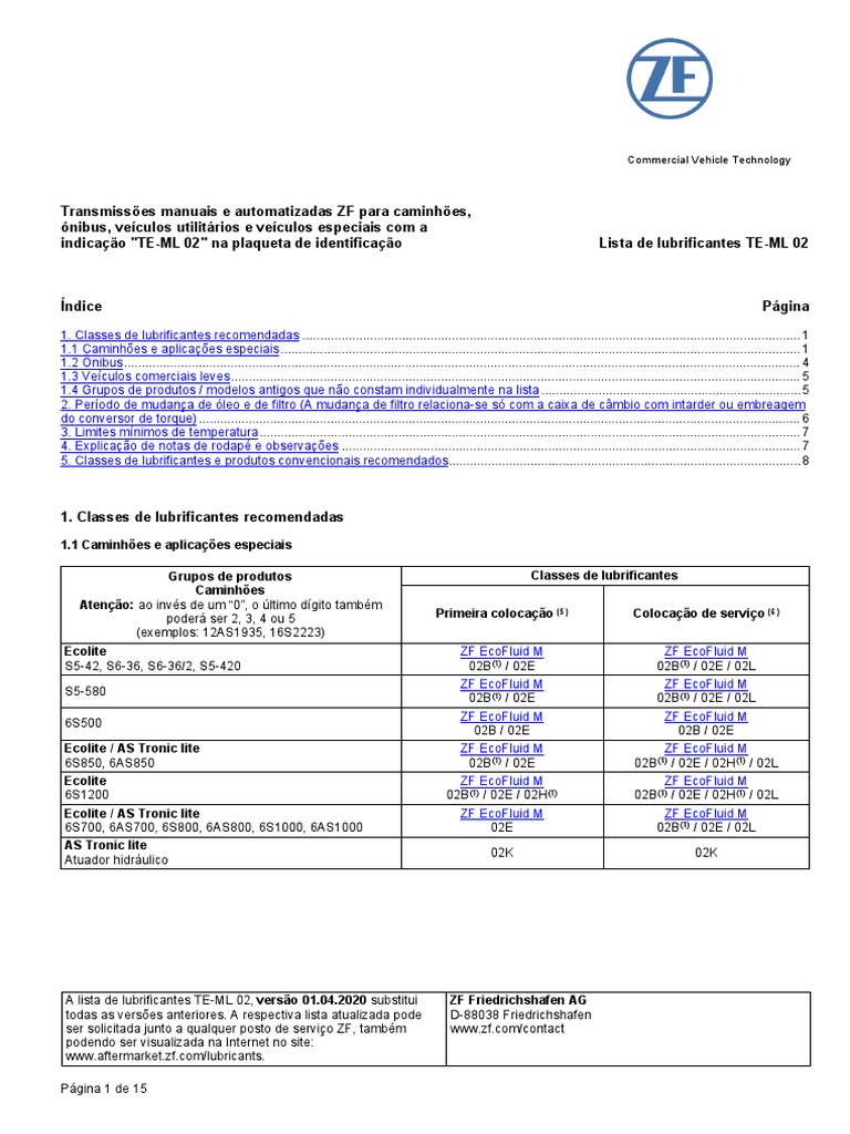 ZF - Lubrificantes - Te ML 02 PT | PDF | Óleos | Engenharia Mecânica