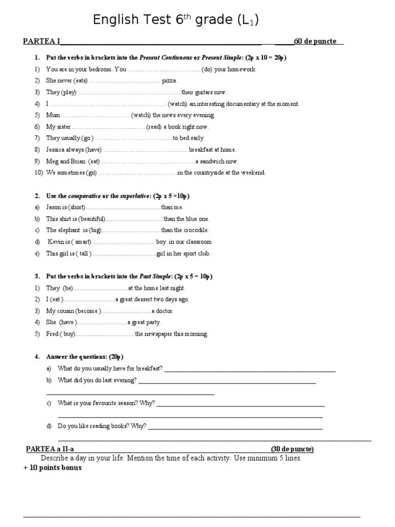 English Test 6 Grade (L) : PARTEA I - 60 de Puncte | PDF | Morphology ...