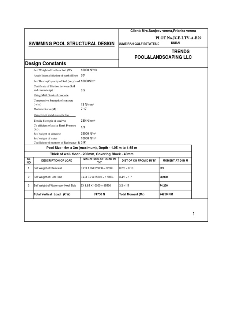 Swimming Pool Structural Design Calculations | PDF | Concrete ...