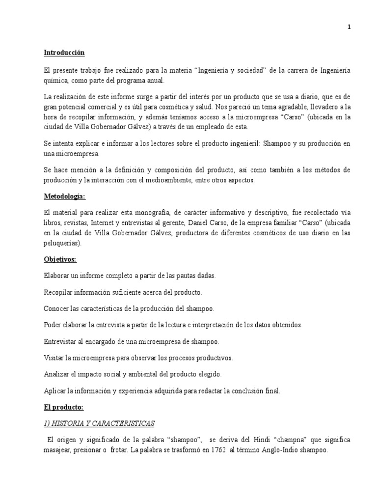 Análisis del proceso productivo y características del shampoo en una microempresa local PDF