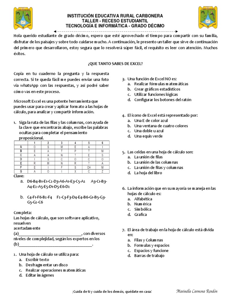 Taller de Excel para Estudiantes de 10° | PDF | Hoja de cálculo ...