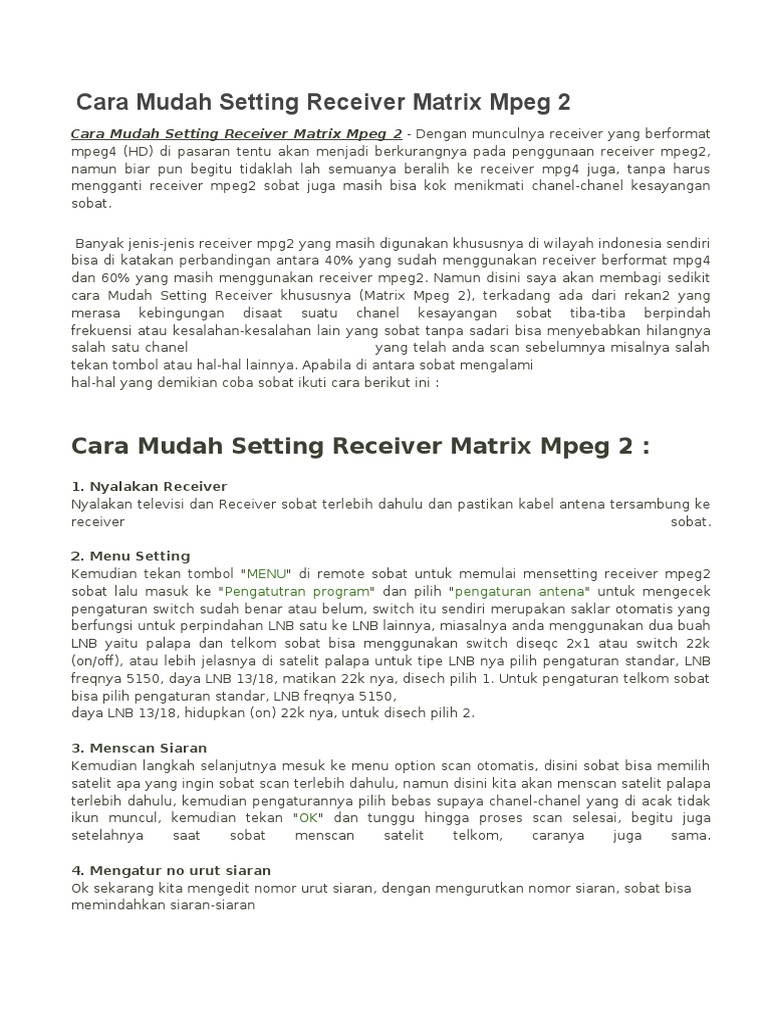 Panduan Setting Receiver Matrix Mpeg2 | PDF