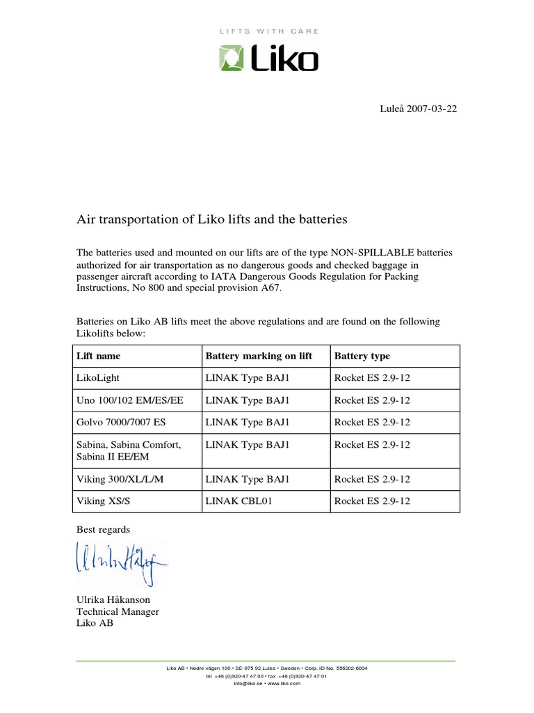 Air Transport Guidelines for Liko Lifts | PDF