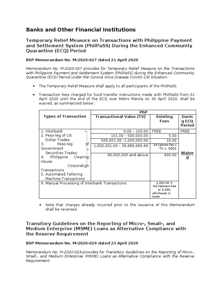PhilPaSS Transaction Relief During ECQ | PDF | Clearing (Finance) | Banks