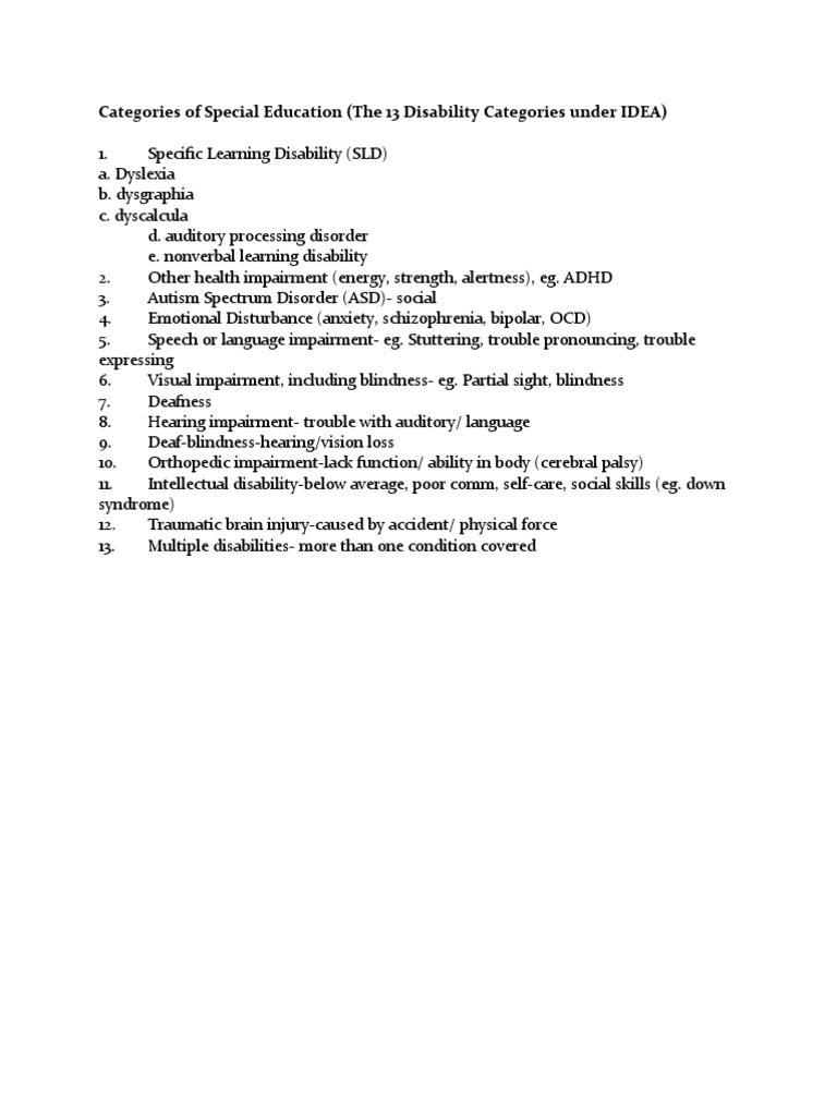 Categories of Special Education (The 13 Disability Categories Under