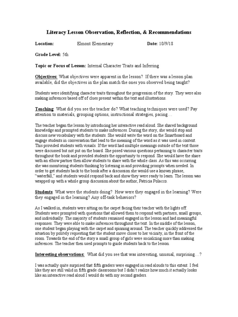 Observation Ksmith 5th | PDF | Teachers | Lesson Plan