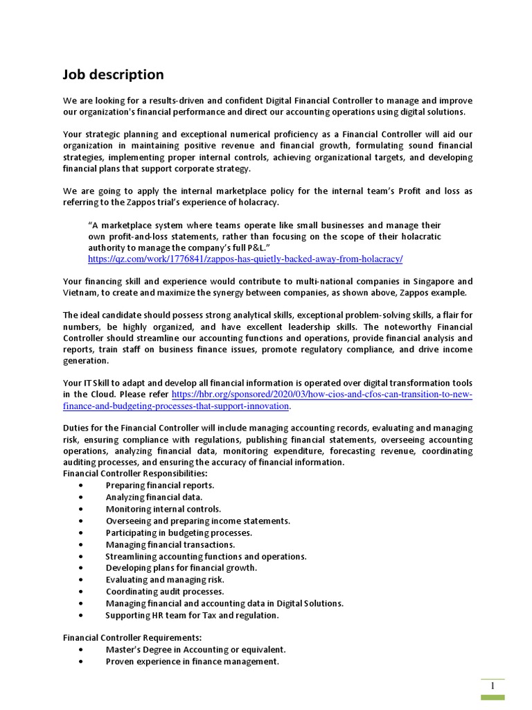 Finance Controller Job Description Pdf Internal Control