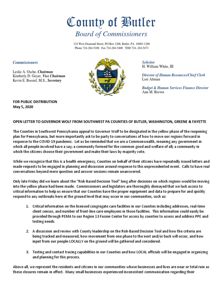 Southwest PA Commissioners Open Letter To Gov Wolf Patient 