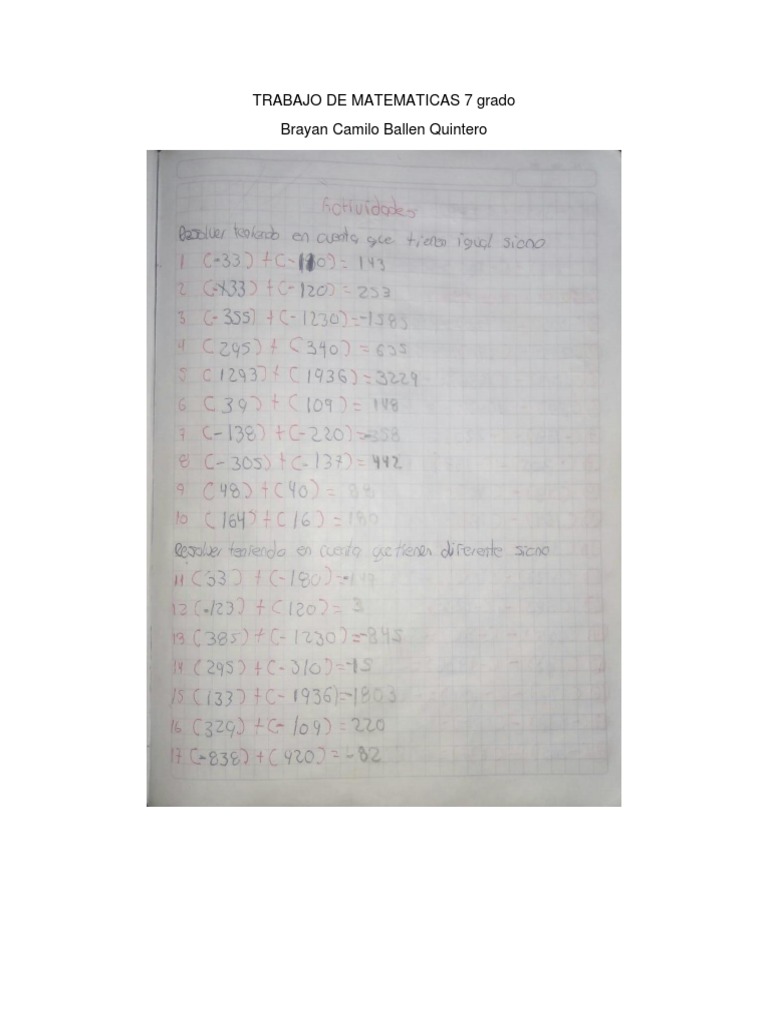 Trabajo De Matematicas 7 Grado Pdf