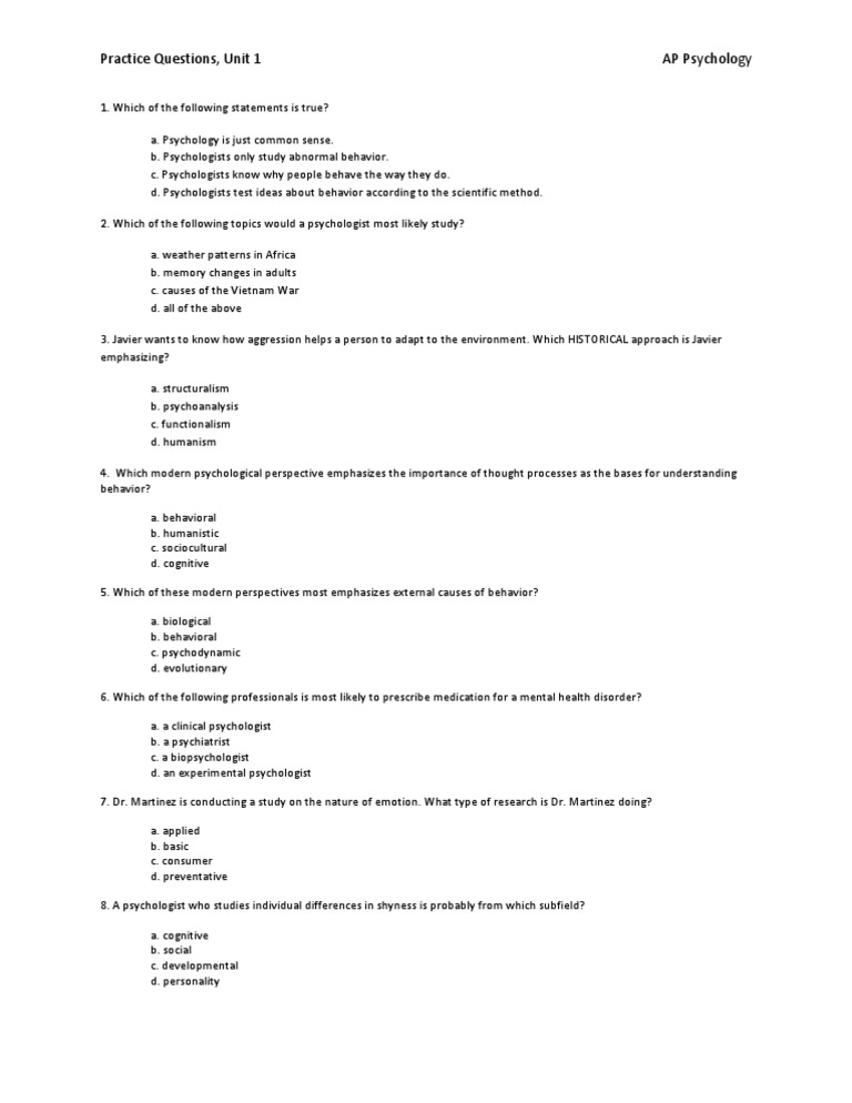 AP Psych Practice Questions - Unit 1 | PDF
