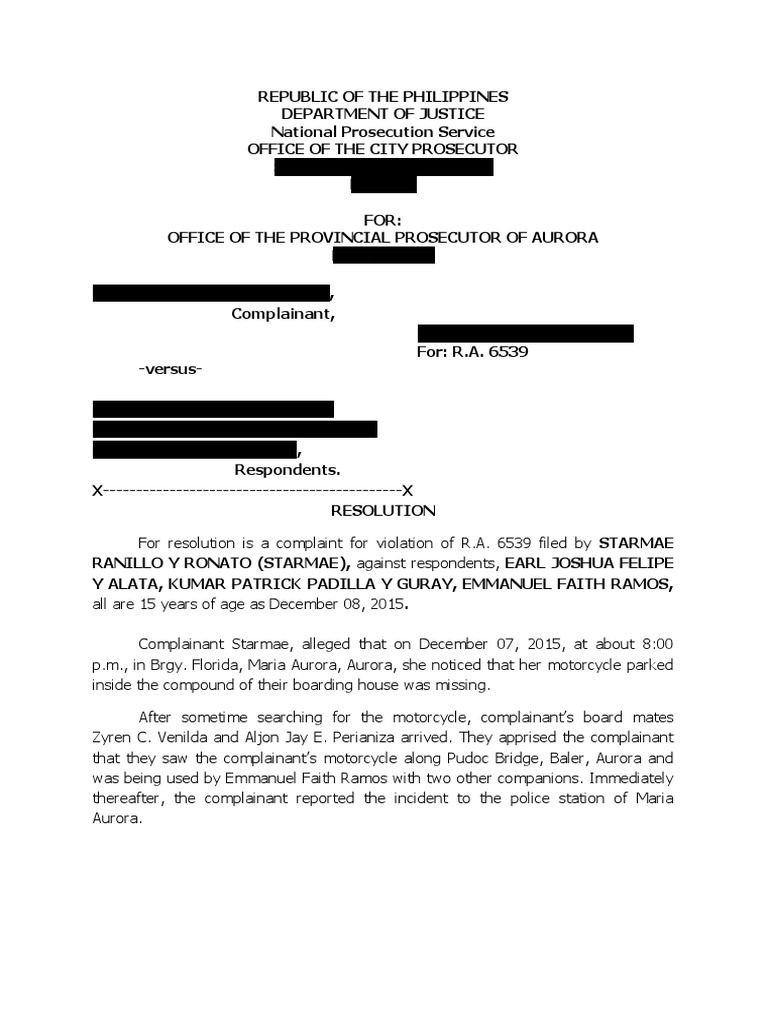 Resolution on Carnapping Complaint Dismissal | PDF | Robbery | Carjacking