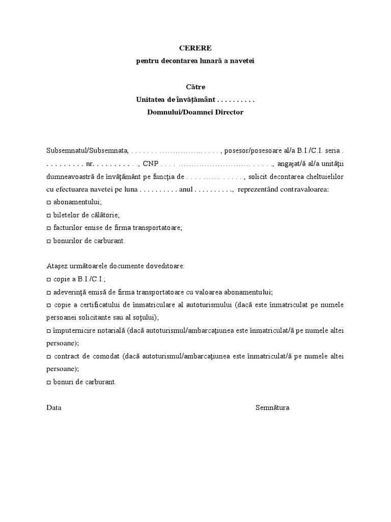 Cerere Pentru Decontarea LunarÄ A Navetei