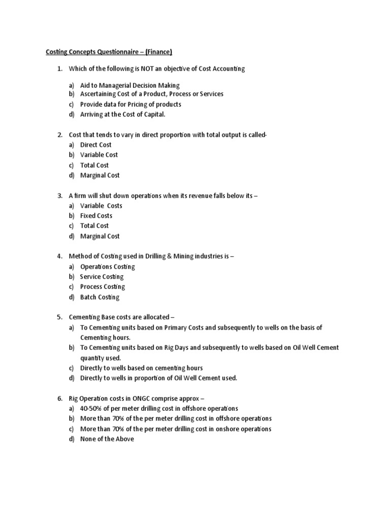 Cost Accounting Concepts Questionnaire | PDF