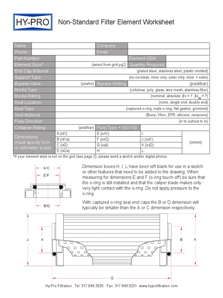 NonStandard Filter Element Worksheet PDF Filtration Chemical