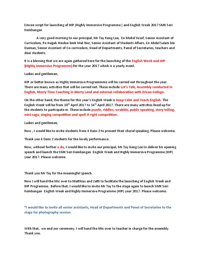 Emcee Script for HIP Launch 2017 | PDF