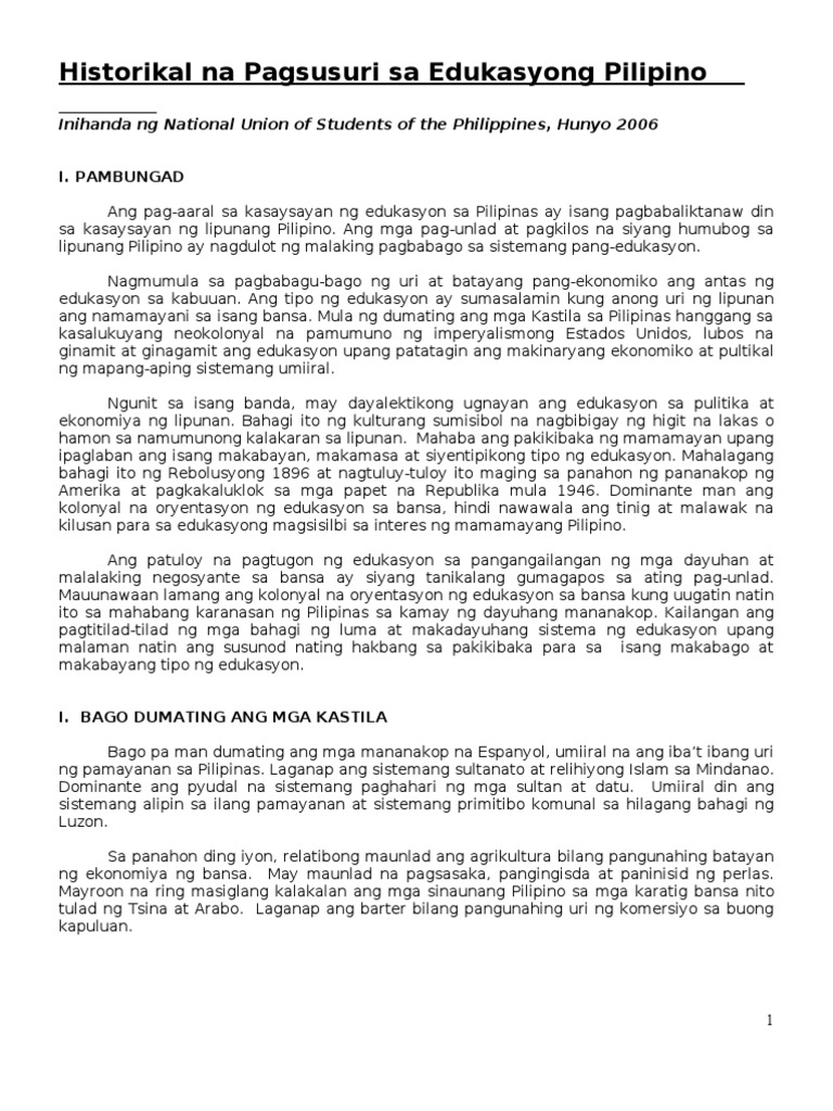 Historikal Na Pagsusuri Sa Edukasyong Pilipino