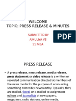 Welcome Topic: Press Release & Minutes: Submitted by Amuliya Vs S1 Mba