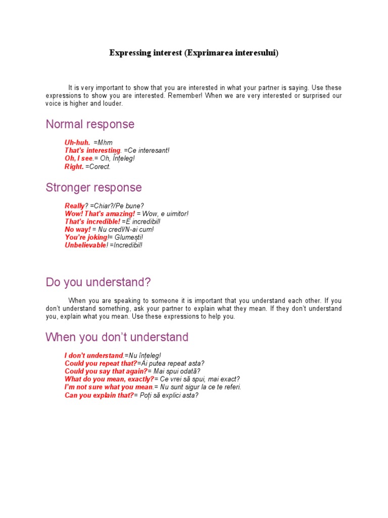 Normal Response: Expressing Interest (Exprimarea Interesului) | PDF ...
