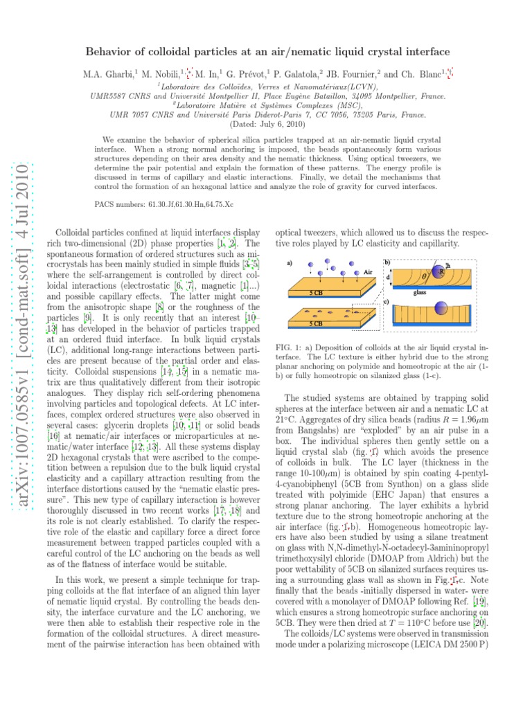 Colloidal Behavior at Nematic Interfaces | PDF | Liquid Crystal | Colloid