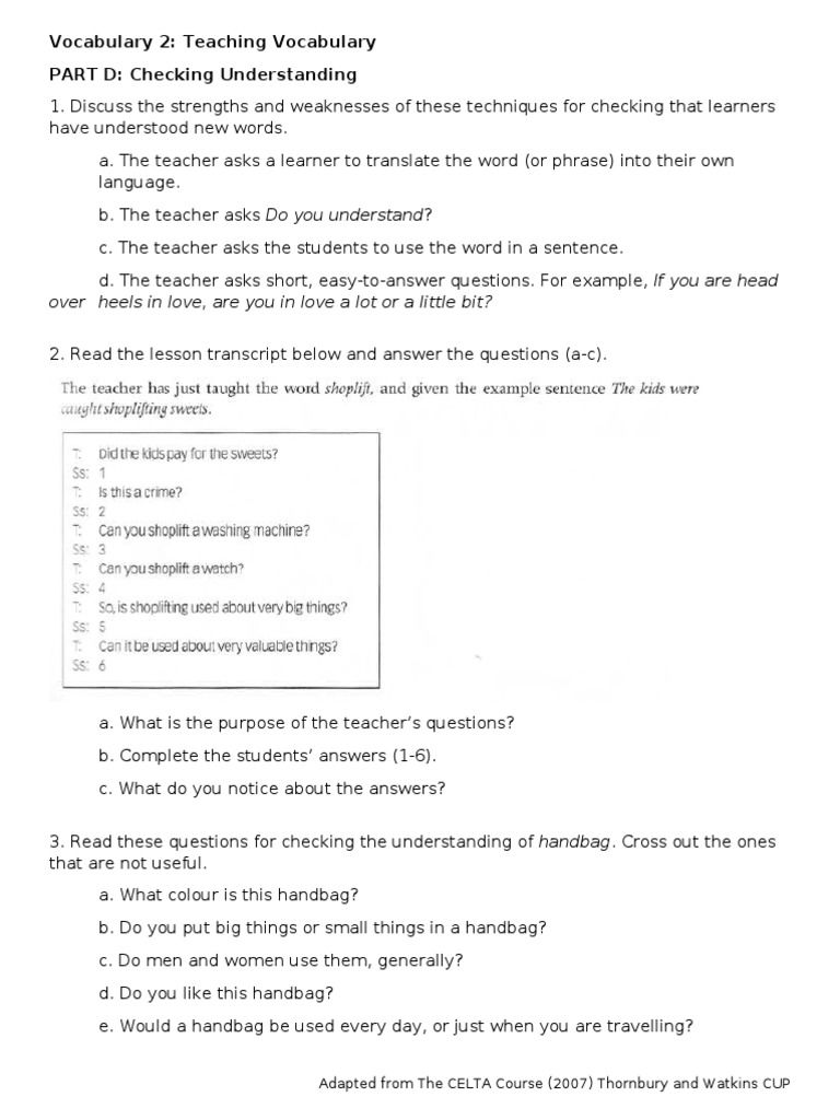 Part D Checking Understanding Celta Course Book Pdf Language Arts