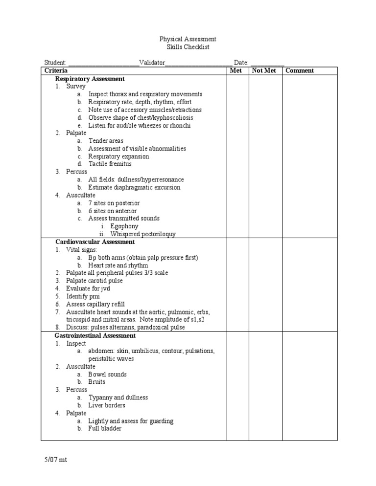Physical Assessment Skills Checklist | PDF | Foreign Language Studies ...